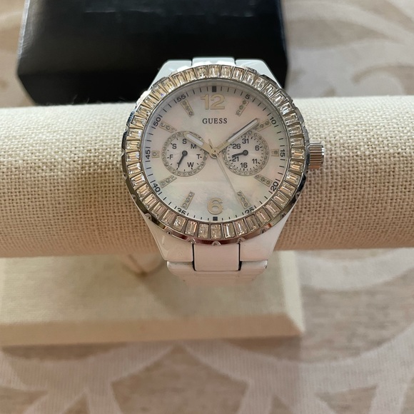 Guess Mother of Pearl Swarovski Crystal Large Face White Bracelet Watch 40mm - Picture 3 of 14